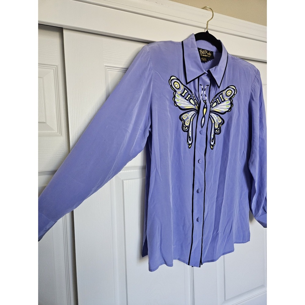 Vtg Bob Mackie Wearable Art Lavender Embroidered Butterfly ButtonUp Silk Blouse - Picture 7 of 16
